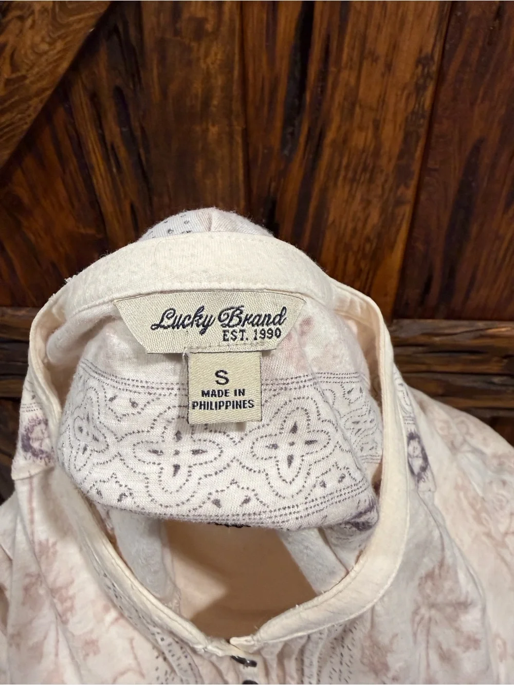 Lucky Brand Cream and Light Purple Long-Sleeve Henley Tunic